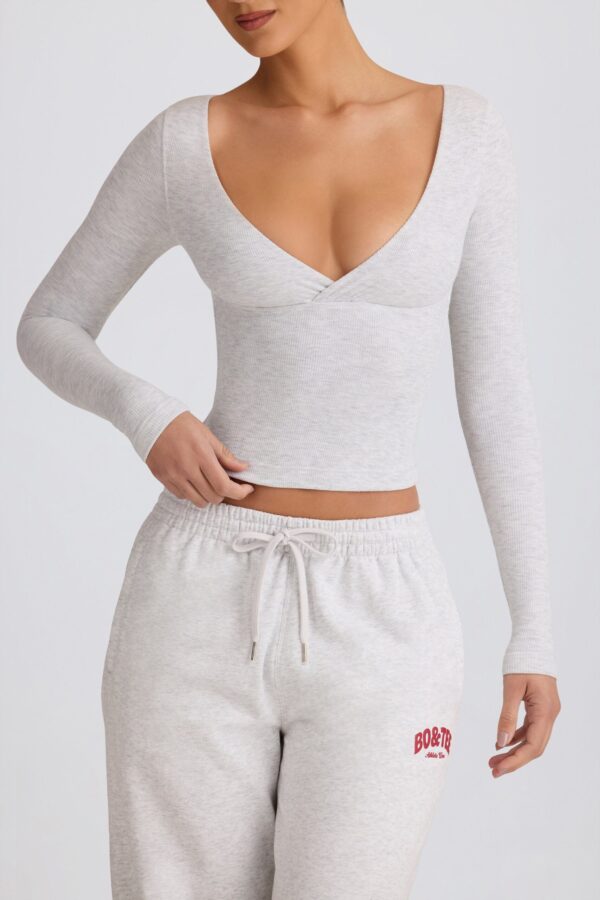 Ribbed Modal Ruched V-Neck Top in Grey Marl - Image 4