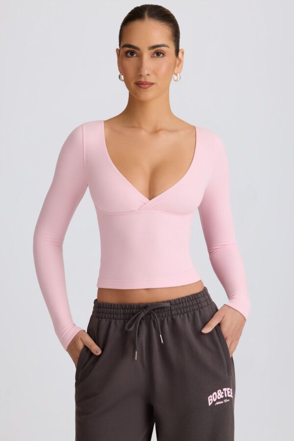 Ribbed Modal Ruched V-Neck Top in Soft Pink - Image 4