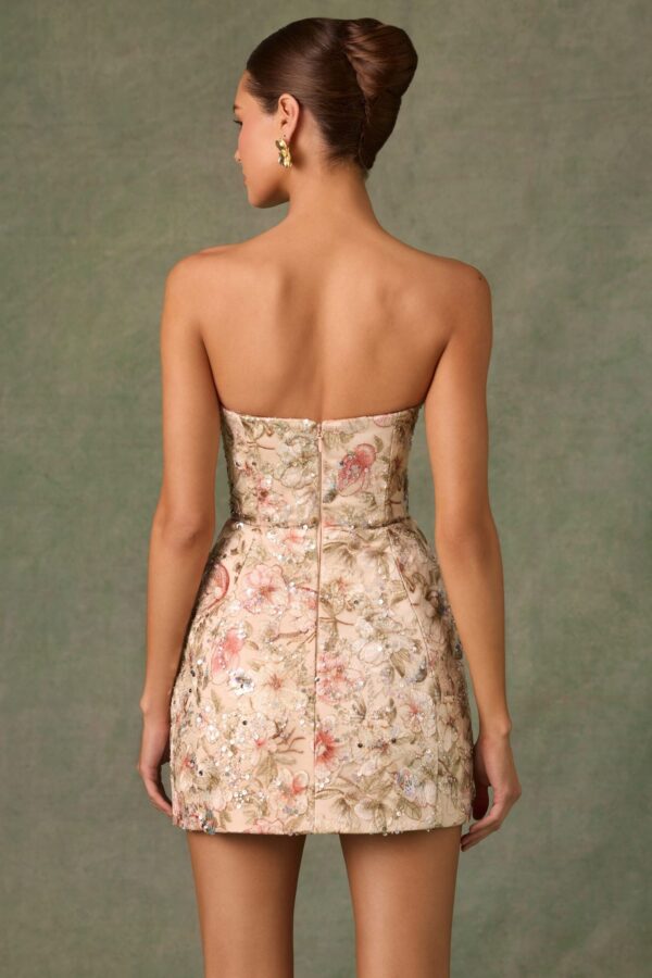 Embellished Strapless A-Line Mini Dress in Floral Beige - Image 3