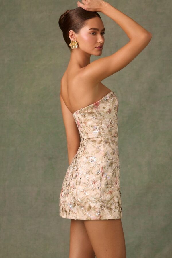 Embellished Strapless A-Line Mini Dress in Floral Beige - Image 4