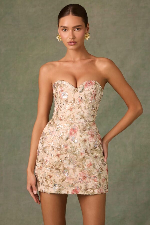 Embellished Strapless A-Line Mini Dress in Floral Beige - Image 6