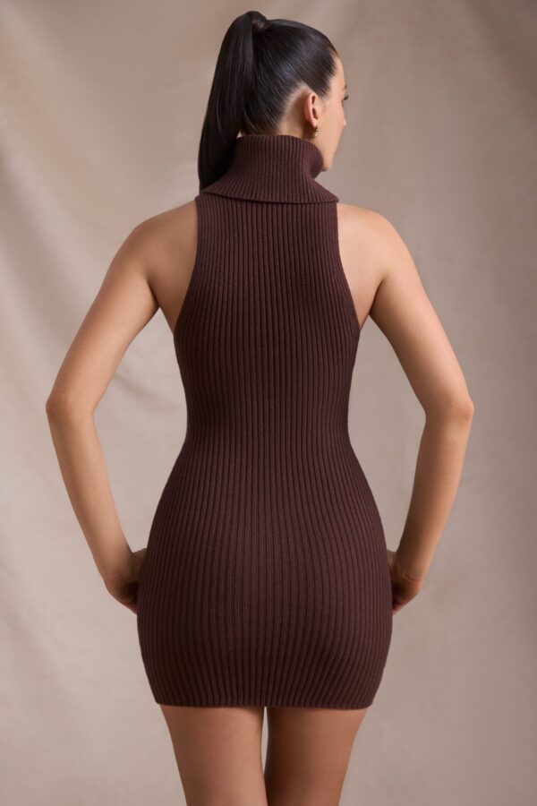 Ribbed-Knit Turtleneck Mini Dress in Espresso - Image 3
