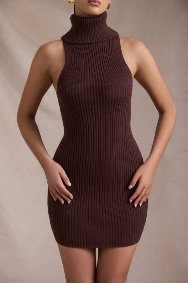 Ribbed-Knit Turtleneck Mini Dress in Espresso - Image 4