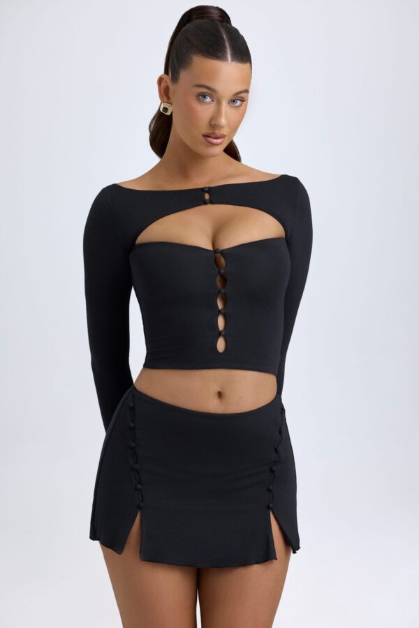Modal Button-Detail Low-Rise Mini Skirt in Black - Image 6