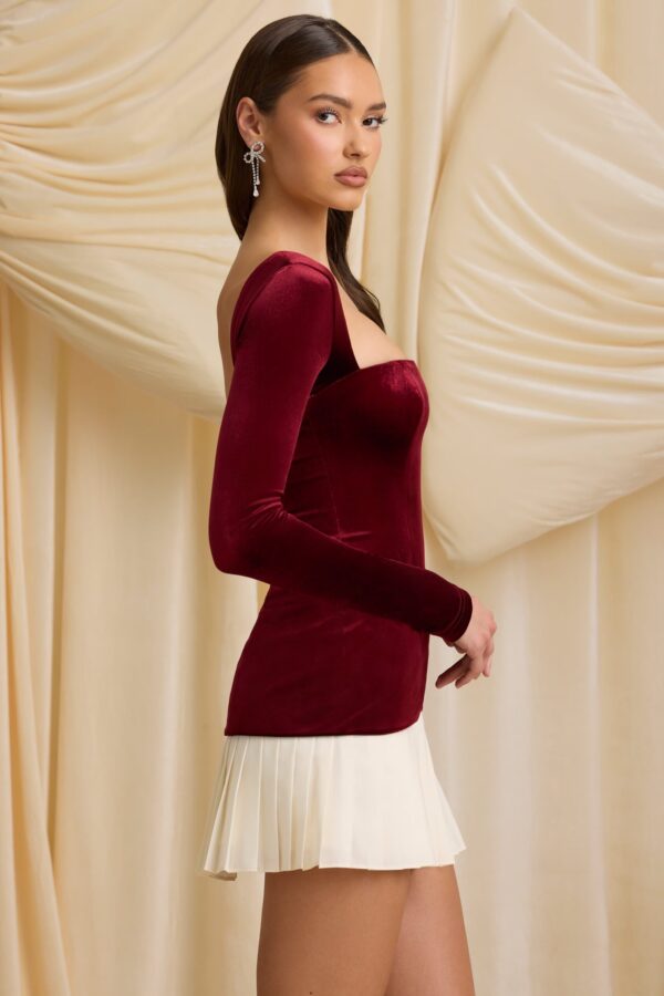 Layered Pleated Corset Mini Dress in Wine Red - Image 3