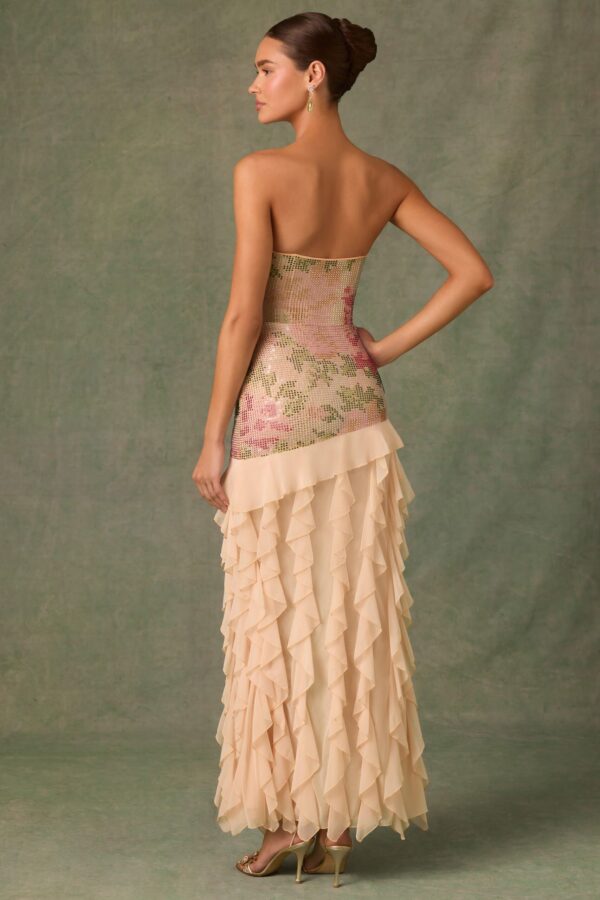 Embellished Ruffle-Trim Strapless Gown in Rose Hotfix - Image 3
