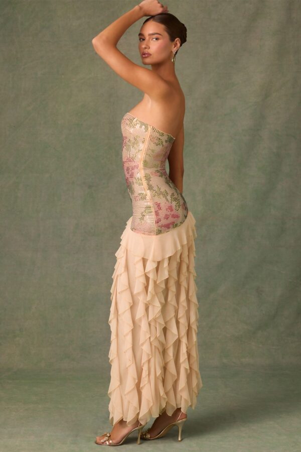 Embellished Ruffle-Trim Strapless Gown in Rose Hotfix - Image 4