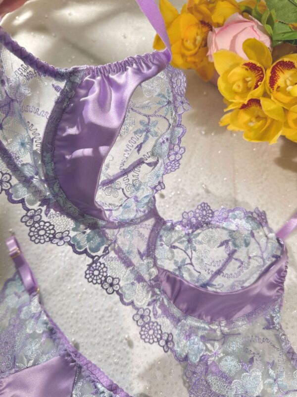 Lavender Floral Embroidered Satin Push-up Lingerie Set - Image 11