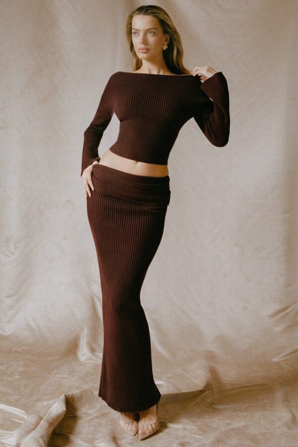 Ribbed-Knit Foldover Maxi Skirt in Espresso - Image 2