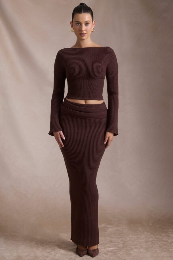 Ribbed-Knit Foldover Maxi Skirt in Espresso - Image 5