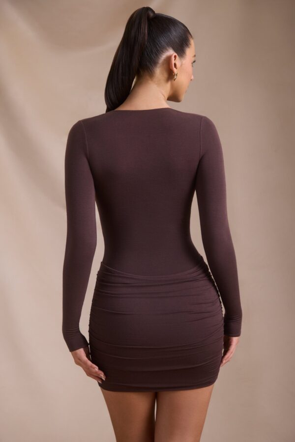 Modal-Cashmere Blend Draped Long-Sleeve Mini Dress in Espresso - Image 3