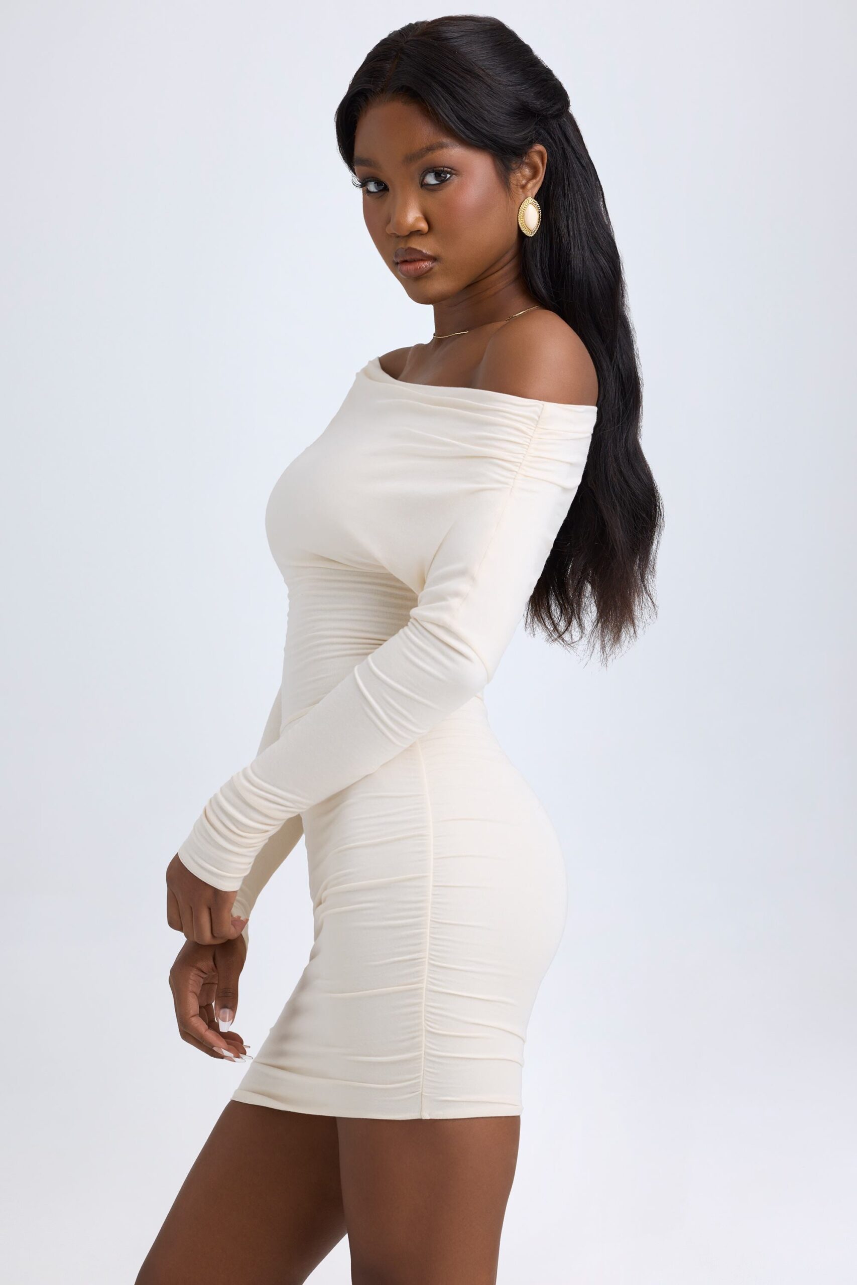 Modal Off-Shoulder Ruched Mini Dress in Ivory - Image 4