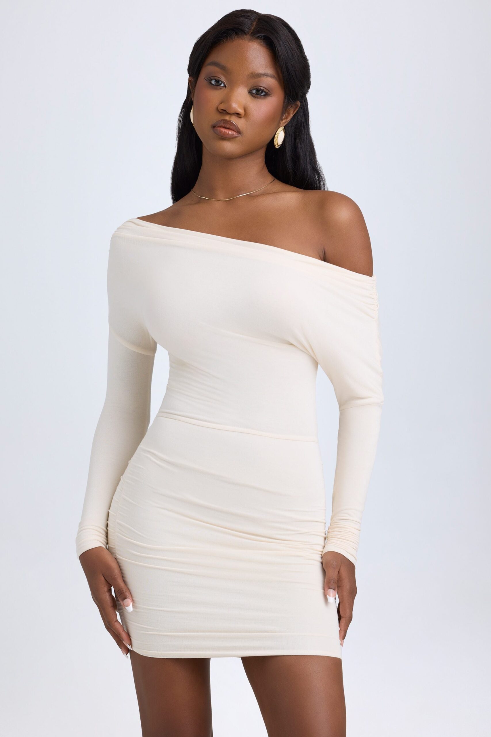 Modal Off-Shoulder Ruched Mini Dress in Ivory - Image 5