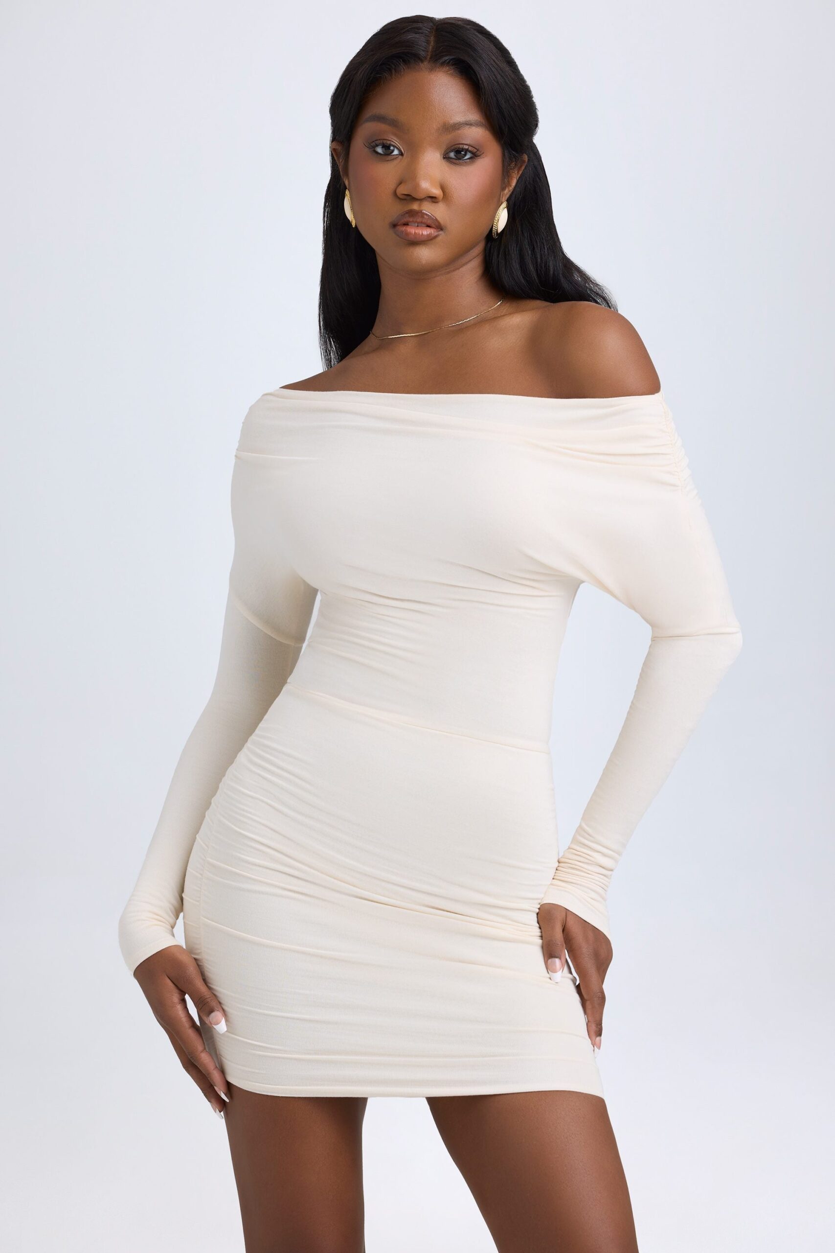Modal Off-Shoulder Ruched Mini Dress in Ivory - Image 7
