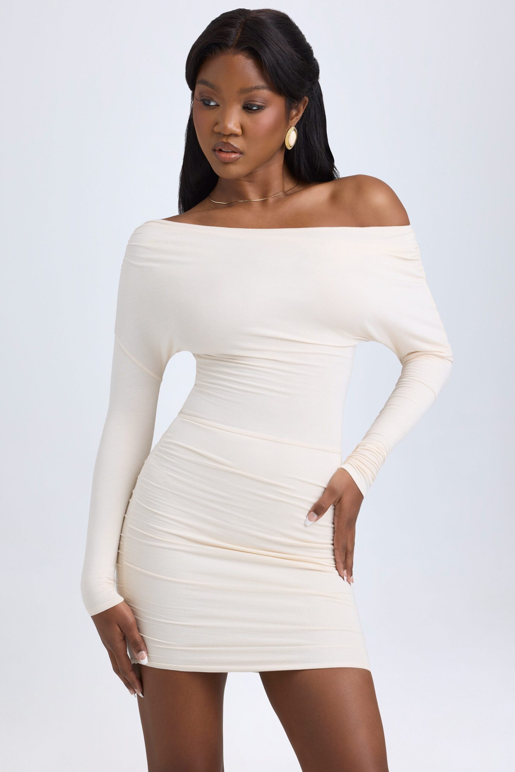 Modal Off-Shoulder Ruched Mini Dress in Ivory - Image 8