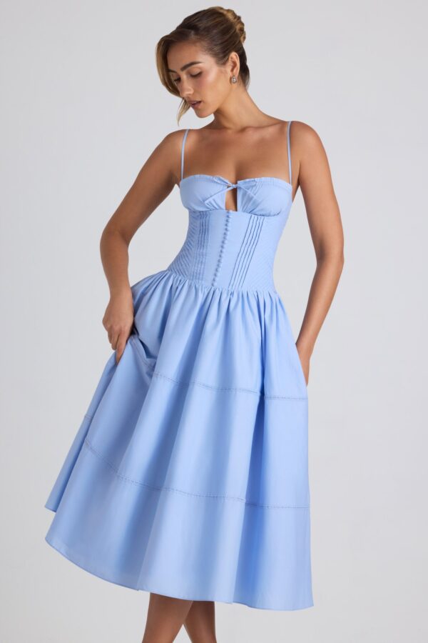 Lace-Trim Pintucked Poplin Midaxi Dress in Sky Blue - Image 5
