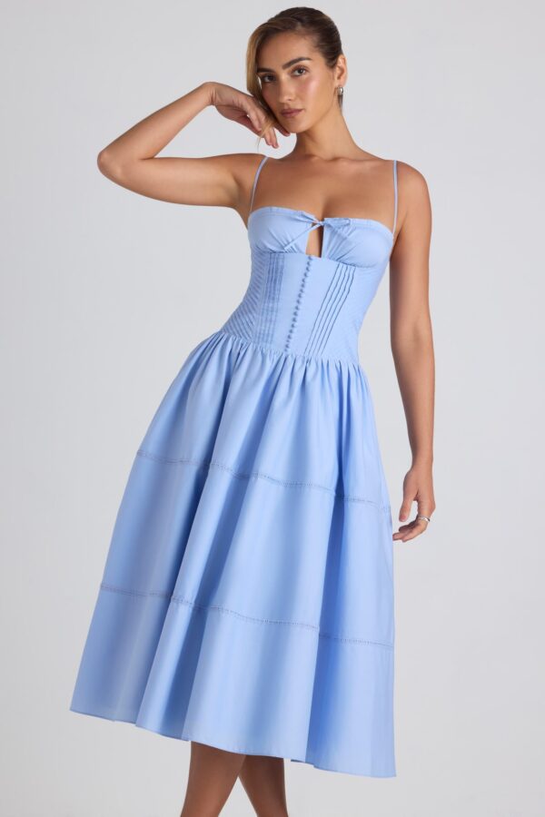 Lace-Trim Pintucked Poplin Midaxi Dress in Sky Blue - Image 6