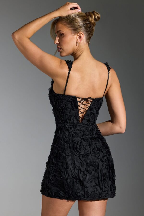 Floral-Appliqué Corset Mini Dress in Black - Image 2