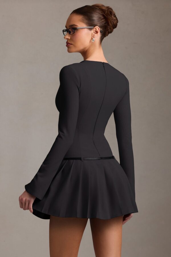 Long-Sleeve Pleated Mini Dress in Black - Image 3