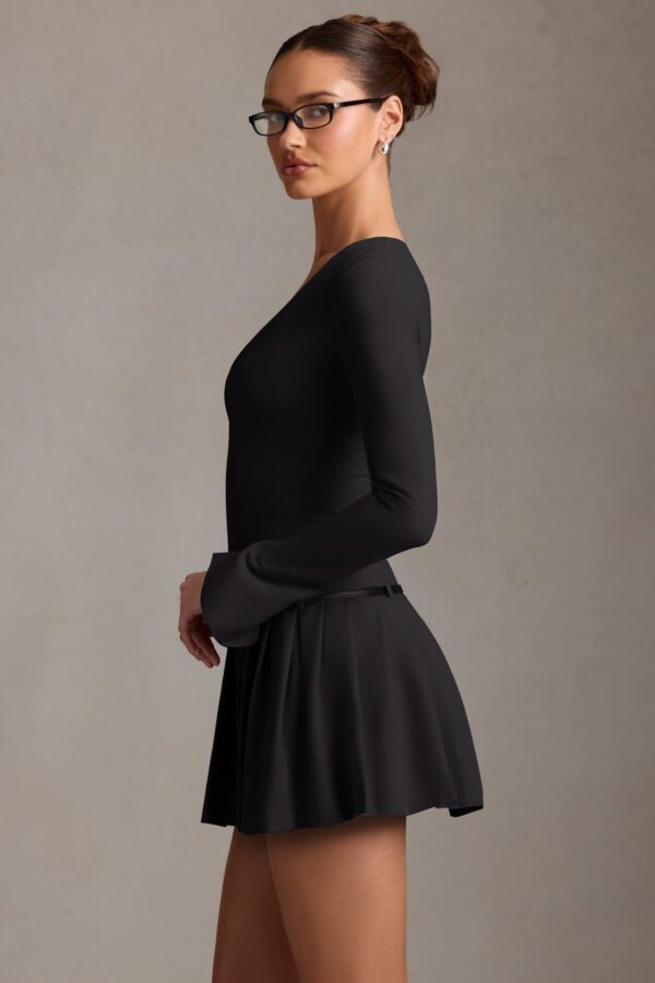 Long-Sleeve Pleated Mini Dress in Black - Image 4
