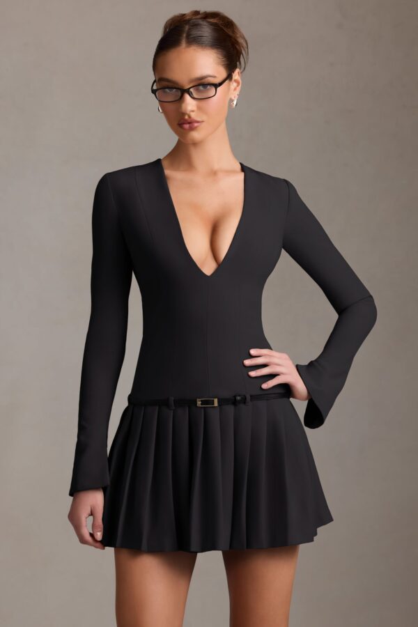Long-Sleeve Pleated Mini Dress in Black - Image 6