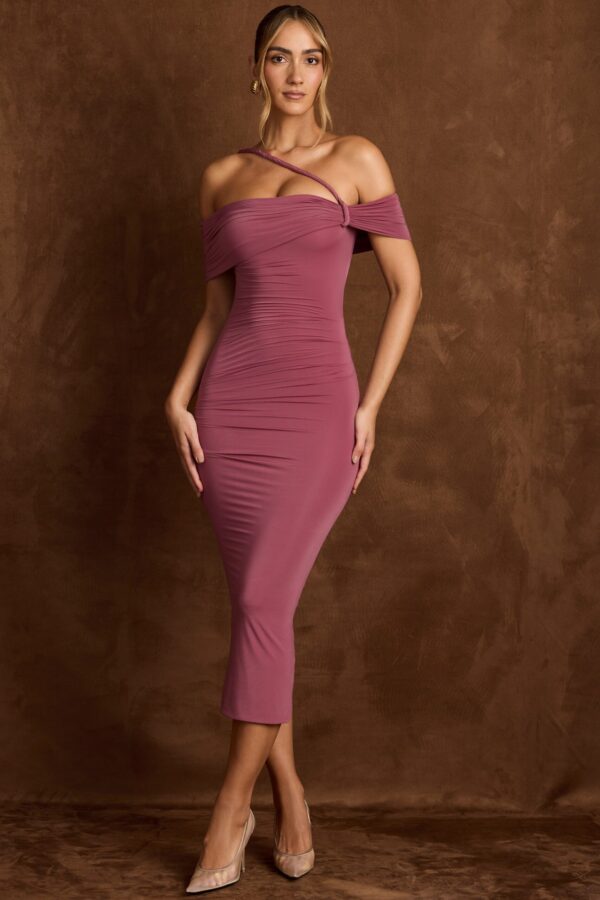 Off-Shoulder Draped Midaxi Dress in Dark Rose - Image 6