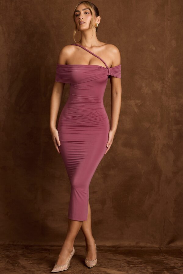 Off-Shoulder Draped Midaxi Dress in Dark Rose - Image 7