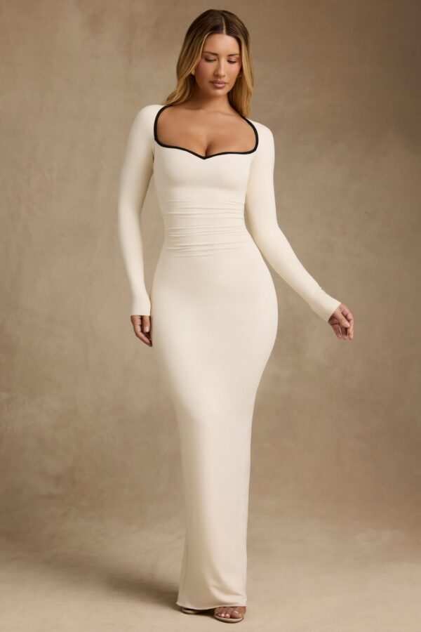 Modal Contrast-Trim Maxi Dress in Ivory - Image 6