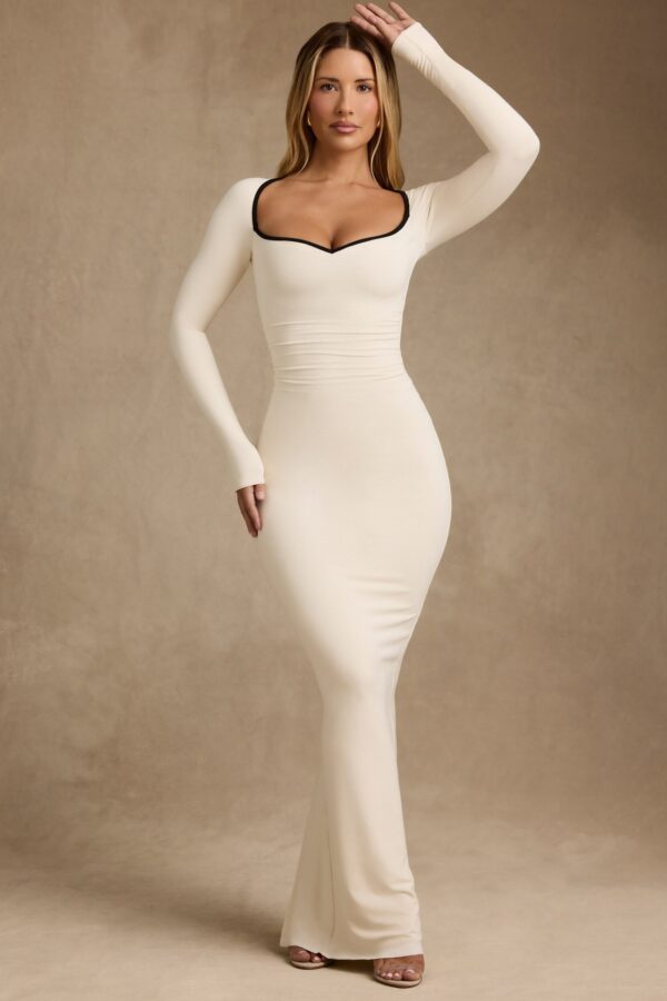 Modal Contrast-Trim Maxi Dress in Ivory - Image 9