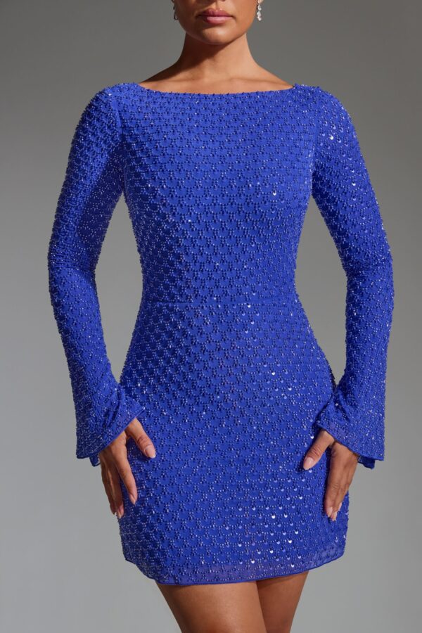 Embellished Open-Back A-Line Mini Dress in Cobalt Blue - Image 4