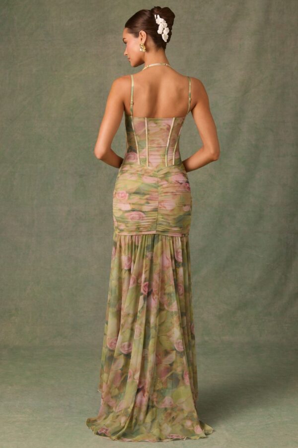 Ruched Asymmetric Corset Gown in Floral Multi Print - Image 2