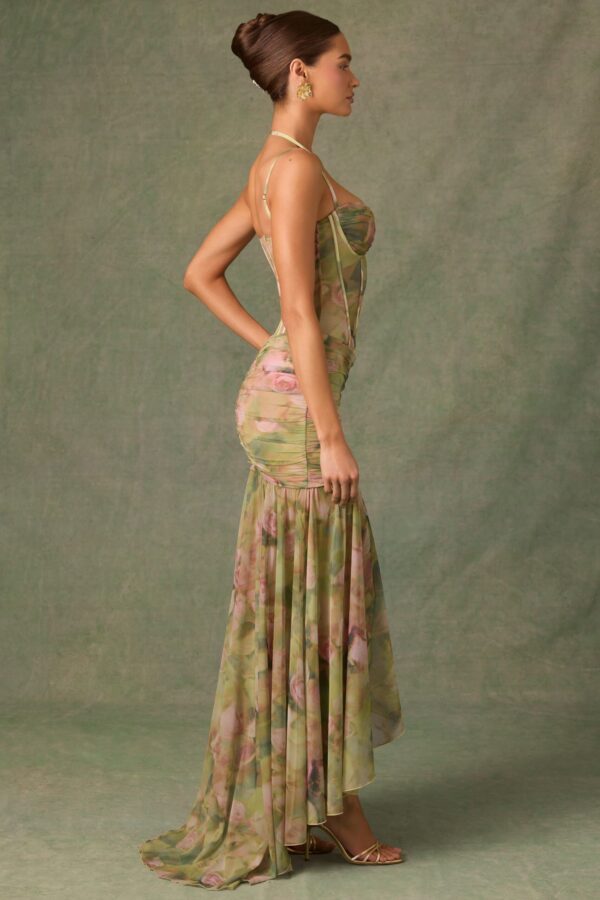 Ruched Asymmetric Corset Gown in Floral Multi Print - Image 3