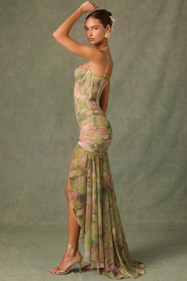 Ruched Asymmetric Corset Gown in Floral Multi Print - Image 7