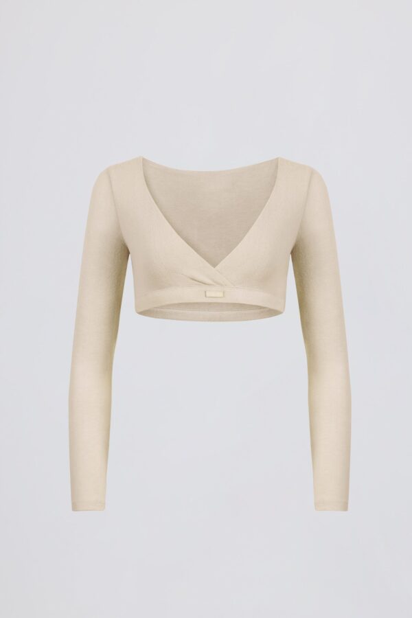 Brushed Jersey Wrap Crop Top in Ecru - Image 2