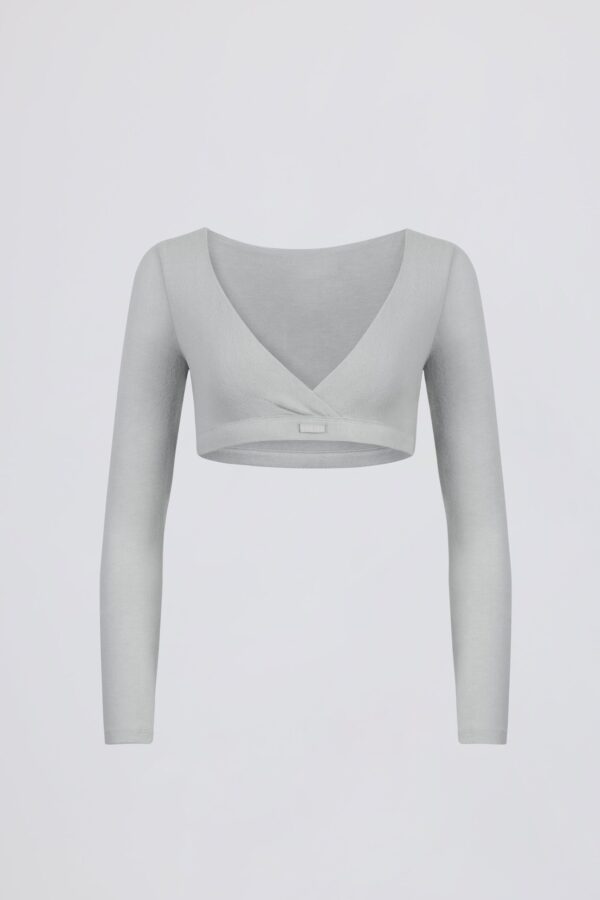 Brushed Jersey Wrap Crop Top in Fog Grey - Image 2