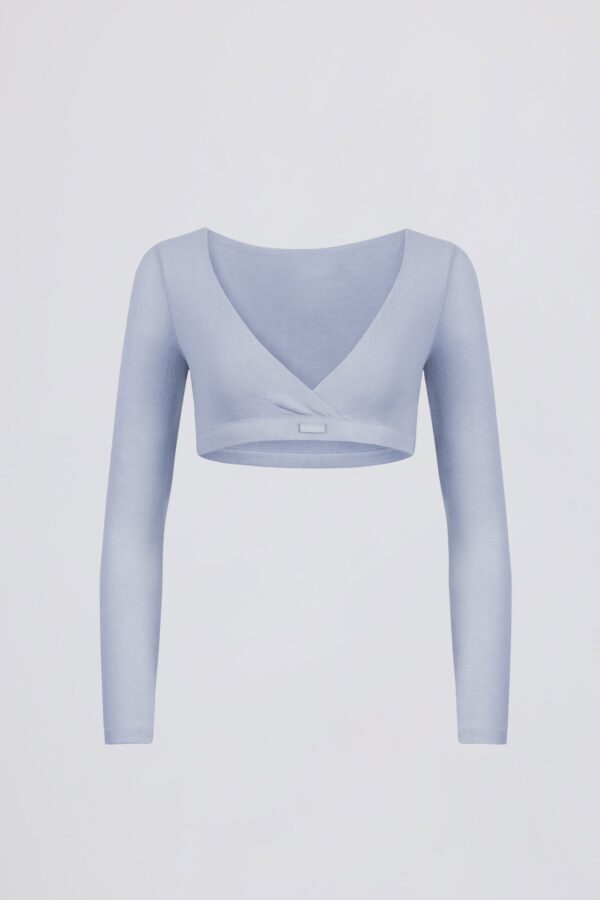 Brushed Jersey Wrap Crop Top in Soft Blue - Image 2