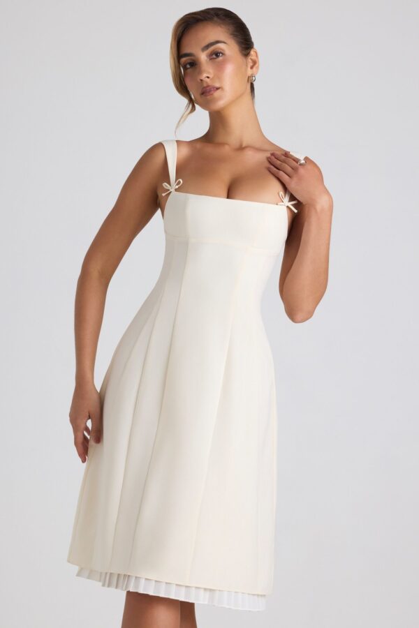 Bow-Detail Pleated A-Line Midi Dress in Ivory - Image 2
