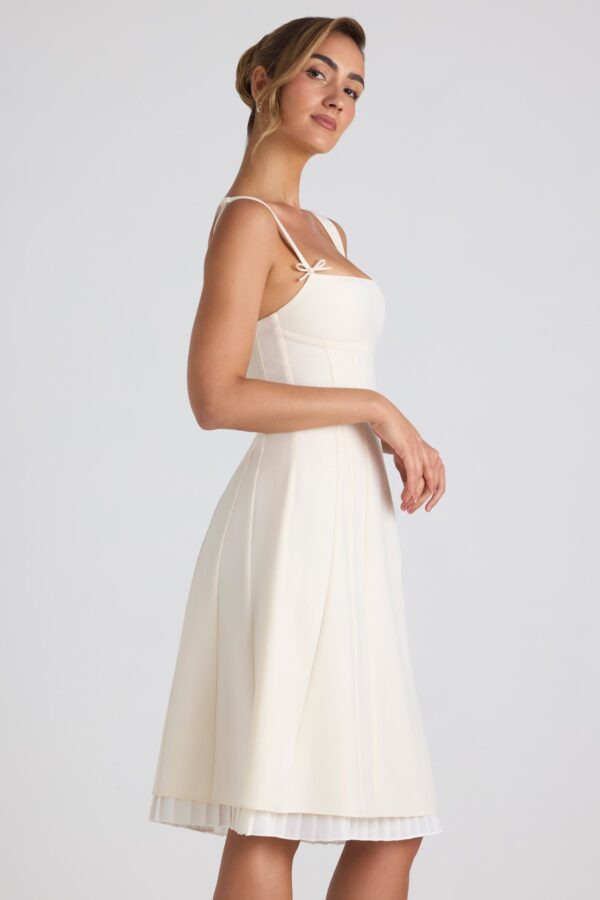 Bow-Detail Pleated A-Line Midi Dress in Ivory - Image 3