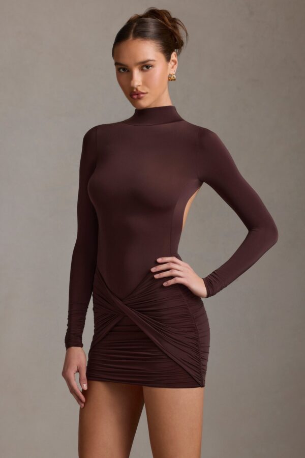 Ruched Backless Turtleneck Mini Dress in Chocolate Brown - Image 8