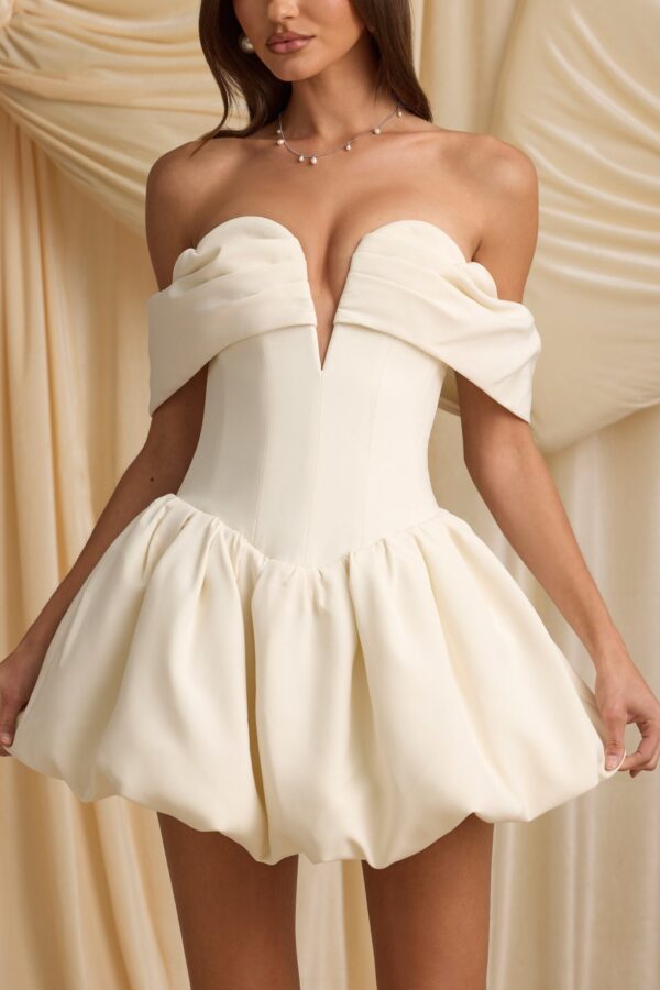 Off-Shoulder Layered Bubble Hem Corset Mini Dress in Ivory - Image 5
