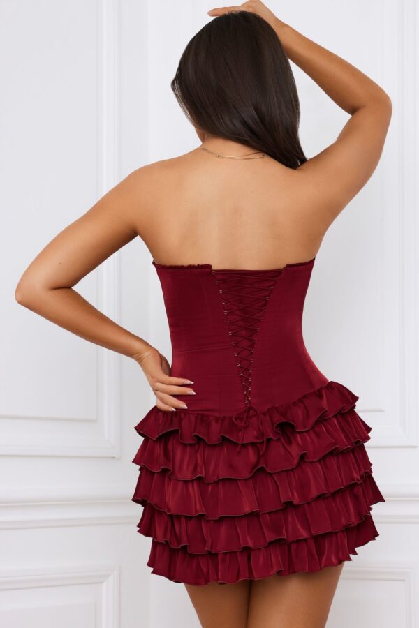 Bandeau Ruffled Tiered Corset Mini Dress in Berry Red - Image 4