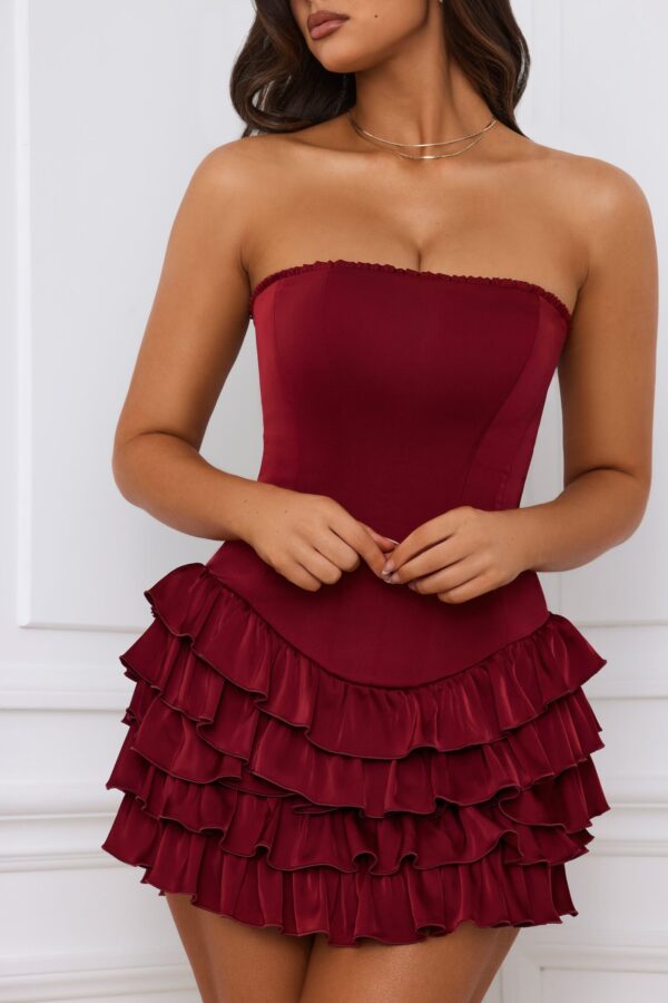 Bandeau Ruffled Tiered Corset Mini Dress in Berry Red - Image 5