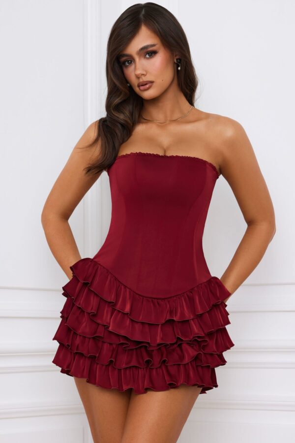 Bandeau Ruffled Tiered Corset Mini Dress in Berry Red - Image 6