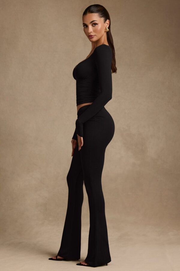 Modal Asymmetric-Waist Flared Trousers in Black - Image 3