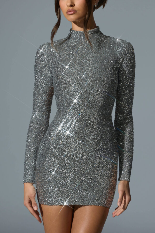 Embellished Open-Back Mini Dress in Silver - Image 4