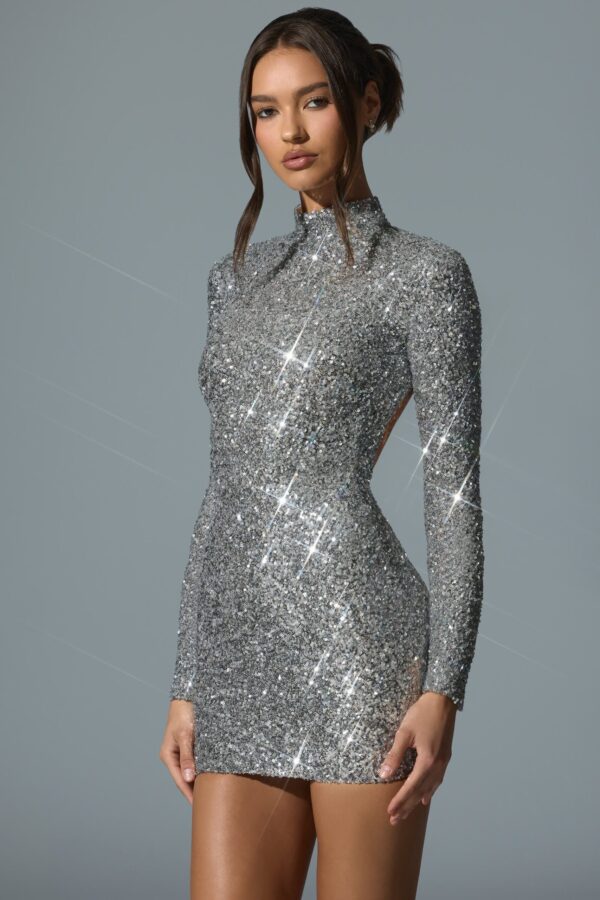 Embellished Open-Back Mini Dress in Silver - Image 6