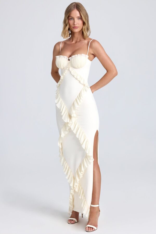 Plissé Ruffle-Trim Maxi Dress in Ivory - Image 2