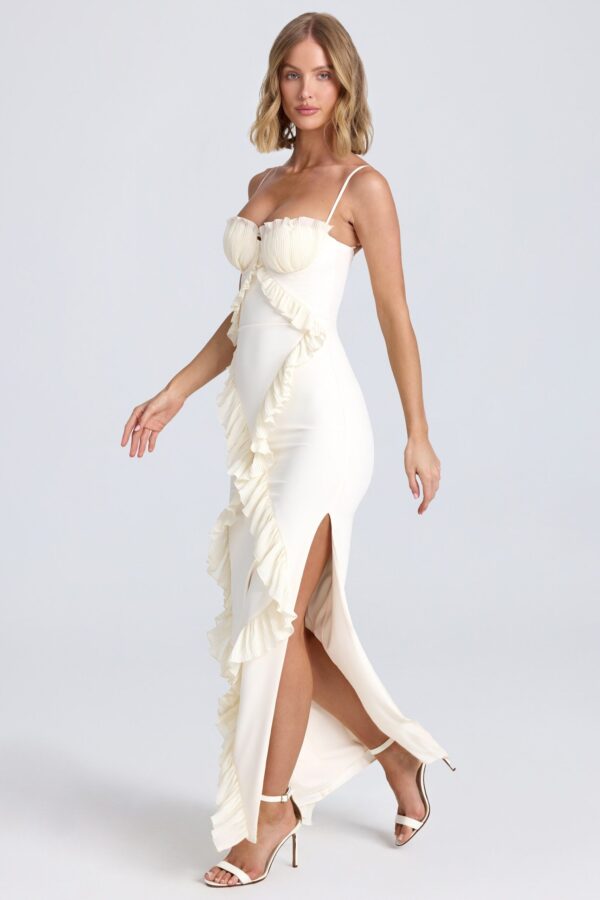 Plissé Ruffle-Trim Maxi Dress in Ivory - Image 6