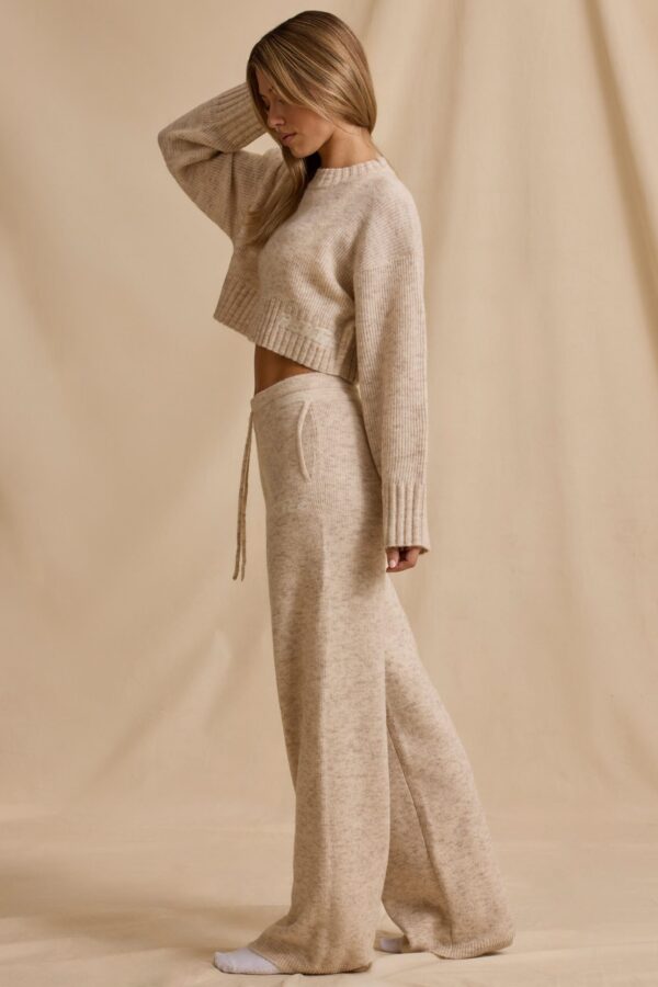 Mid-Rise Wide-Leg Joggers in Cream Marl - Image 3