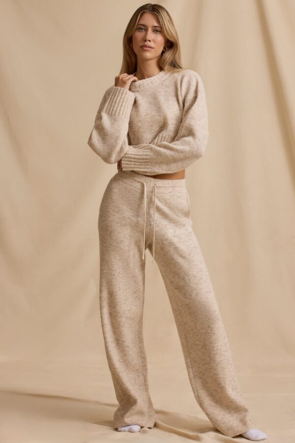 Mid-Rise Wide-Leg Joggers in Cream Marl - Image 5
